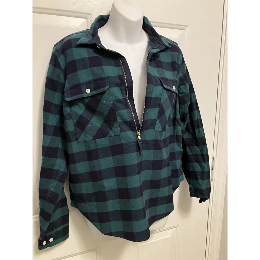 J Crew Women's Size S Plaid Green‎ Half Zip Lumberjack Flannel Long Sleeve Shirt